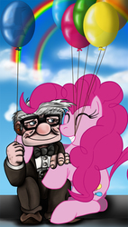 Size: 568x1000 | Tagged: safe, artist:jamescorck, pinkie pie, human, g4, balloon, carl fredricksen, cloud, cloudy, crossover, pixar, rainbow, up