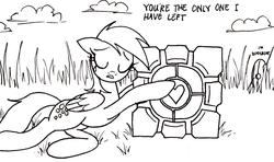 Size: 1484x879 | Tagged: safe, artist:ricedawg, derpy hooves, pegasus, pony, g4, black and white, companion cube, crossover, female, grayscale, mare, monochrome, portal (valve), turret