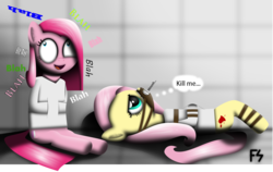 Size: 4870x3078 | Tagged: safe, artist:facelesssoles, fluttershy, pinkie pie, .mov, shed.mov, g4, alternate cutie mark, asylum, bondage, duo, fluttershed, gag, insanity, muffled moaning, muzzle, muzzle gag, padded cell, pinkamena diane pie, straitjacket, tape gag