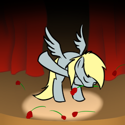 Size: 500x500 | Tagged: dead source, safe, artist:shinmera, derpy hooves, pony, g4, bipedal, bowing, curtains, eyes closed, female, flower, rose, solo, spotlight, stage