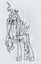 Size: 521x800 | Tagged: safe, artist:shikogo, queen chrysalis, changeling, changeling queen, g4, crown, female, jewelry, monochrome, raised hoof, regalia, smiling, solo