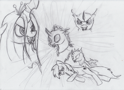 Size: 1000x726 | Tagged: safe, artist:shikogo, queen chrysalis, changeling, g4, changeling feeding, monochrome, open mouth, tongue out