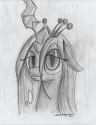 Size: 767x1000 | Tagged: safe, artist:shikogo, queen chrysalis, changeling, changeling queen, g4, female, monochrome, portrait, solo