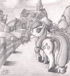 Size: 3585x3905 | Tagged: safe, artist:graboiidz, applejack, g4, butt, female, grayscale, high res, looking back, monochrome, plot, smiling, solo, sweet apple acres, traditional art