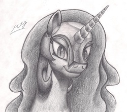 Size: 4385x3881 | Tagged: safe, artist:graboiidz, nightmare moon, g4, absurd resolution, female, grayscale, monochrome, nicemare moon, portrait, smiling, solo, traditional art