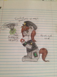 Size: 600x800 | Tagged: safe, artist:username, oc, oc only, oc:littlepip, pony, unicorn, fallout equestria, cuffs, cutie mark, fanfic, fanfic art, female, glowing horn, hooves, horn, lined paper, magic, mare, one eye closed, pipbuck, police, police uniform, sitting, solo, teeth, telekinesis, text, traditional art