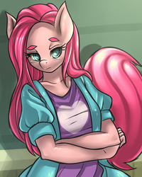 Size: 800x1000 | Tagged: safe, artist:m@k, pinkie pie, earth pony, anthro, g4, clothes, crossed arms, female, frown, pinkamena diane pie, pixiv, solo