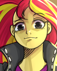Size: 800x1000 | Tagged: safe, artist:m@k, sunset shimmer, equestria girls, g4, female, pixiv, solo, stare