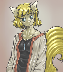Size: 1400x1600 | Tagged: safe, artist:m@k, oc, oc only, oc:chidey, earth pony, anthro, anthro oc, clothes, ear fluff, female, jewelry, necklace, pixiv, solo