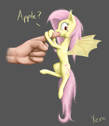 Size: 1300x1500 | Tagged: safe, artist:the1xeno1, fluttershy, human, g4, biting, blood, disembodied hand, fangs, female, finger, finger in mouth, flutterbat, hand, solo, tiny, tiny ponies