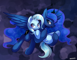 Size: 2800x2200 | Tagged: safe, artist:maren, princess luna, trixie, alicorn, pony, unicorn, g4, blushing, bridal carry, carrying, cloud, cloudy, duo, duo female, female, flying, high res, lesbian, luxie, mare, night, shipping, storm
