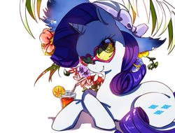 Size: 2048x1556 | Tagged: safe, artist:daikoku, rarity, pony, g4, crossed hooves, cute, drink, female, flower, food, glasses, hat, heart shaped glasses, orange, pixiv, prone, raribetes, simple background, solo, straw, sunglasses, white background