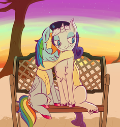 Size: 2565x2713 | Tagged: safe, artist:skunkstripe, rainbow dash, rarity, g4, clothes, female, hat, high res, lesbian, scarf, ship:raridash, shipping, snot bubble, sunset