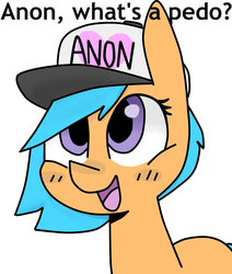 Size: 1348x1593 | Tagged: safe, oc, oc only, oc:little league, pony, /mlp/, blushing, female, filly, foal, hat, implied pedophilia, question, solo