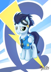 Size: 955x1351 | Tagged: safe, artist:mysticalpha, soarin', g4, clothes, goggles, male, necktie, shirt, smirk, solo, wonderbolts dress uniform