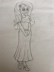 Size: 2448x3264 | Tagged: safe, artist:werdnasremos, fluttershy, human, g4, clothes, female, flower in hair, high heels, high res, humanized, long skirt, shoes, sketch, skirt, solo, traditional art