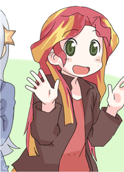 Size: 368x511 | Tagged: safe, artist:gyaheung, sunset shimmer, human, equestria girls, g4, blushing, cropped, cute, happy, humanized, looking at you, nichijou, open mouth, shimmerbetes, smiling, solo focus, waving