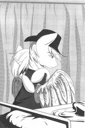 Size: 1000x1506 | Tagged: safe, artist:kira-minami, oc, oc only, oc:calamity, oc:littlepip, pegasus, pony, unicorn, fallout equestria, black and white, dashite, duo, fanfic, fanfic art, female, grayscale, hat, hooves, horn, male, mare, monochrome, sad, stallion, wings