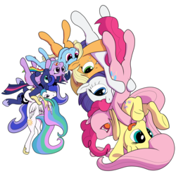 Size: 1024x1024 | Tagged: safe, artist:tranquilmind, applejack, fluttershy, pinkie pie, princess celestia, princess luna, rainbow dash, rarity, spike, twilight sparkle, alicorn, earth pony, pegasus, pony, unicorn, g4, arch, bipedal, female, german suplex, grin, gritted teeth, mane six, mare, nose in the air, open mouth, royal sisters, siblings, simple background, sisters, smiling, smirk, suplex, tongue out, transparent background, twilight sparkle (alicorn), underhoof