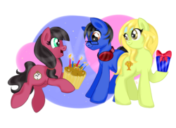 Size: 1100x800 | Tagged: safe, artist:elimicho, oc, oc only, oc:bookmark act, oc:macdolia, oc:spirit fields, earth pony, pony, bandana, birthday, birthday present, candle, glasses, headphones, muffin, pigtails
