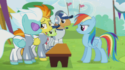 Size: 864x486 | Tagged: safe, screencap, fleetfoot, peachy sweet, rainbow dash, rivet, spitfire, g4, rainbow falls, animated, apple family member, badge, close-up, clothes, female, flag, flight suit, glare, leaning, looking at each other, obstacle course, respect, smiling, sunglasses, surprised, uniform, warmup suit, wonderbolts