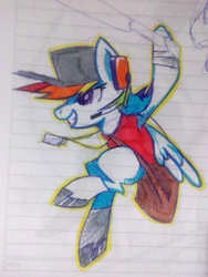 Size: 720x960 | Tagged: safe, artist:wafflemilu, rainbow dash, pegasus, pony, g4, crossover, female, hat, jumping, lined paper, scout (tf2), solo, team fortress 2, traditional art