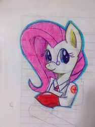 Size: 720x960 | Tagged: safe, artist:wafflemilu, fluttershy, g4, clothes, crossover, female, gloves, lined paper, medic, medic (tf2), solo, team fortress 2, traditional art
