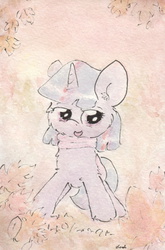 Size: 670x1016 | Tagged: safe, artist:slightlyshade, twilight sparkle, pony, unicorn, g4, autumn, clothes, female, leaves, open mouth, scarf, solo, traditional art