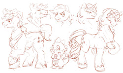 Size: 1280x757 | Tagged: safe, artist:audrarius, applejack, rarity, spike, g4, applejack (male), barb, doodle, elusive, monochrome, rule 63, sketch