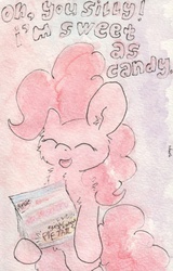 Size: 684x1071 | Tagged: safe, artist:slightlyshade, pinkie pie, earth pony, pony, g4, candy, dialogue, eyes closed, female, solo, traditional art