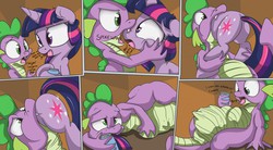 Size: 1280x709 | Tagged: safe, artist:mistydash, spike, twilight sparkle, dragon, pony, unicorn, g4, belly, burp, butt, cartoon physics, comic, dialogue, dragons eating horses, eaten alive, hammerspace, hammerspace belly, head first, human shoulders, plot, preylight, soda, spike want, spikepred, spipred, swallowing, tail sticking out, throat bulge, vore
