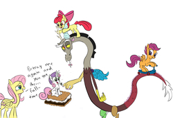 Size: 2379x1620 | Tagged: safe, artist:frikdikulous, apple bloom, discord, fluttershy, scootaloo, sweetie belle, g4, colored, cutie mark crusaders, dialogue, implied punishment, punishment, s'mores, scooter, simple background