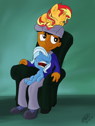 Size: 1024x1365 | Tagged: safe, artist:loreto-arts, sunset shimmer, trixie, human, pony, unicorn, g4, filly, filly sunset shimmer, filly trixie, lucky bastard, open mouth, ponies riding humans, pony hat, riding, sleeping, snoring, younger