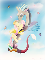 Size: 1280x1721 | Tagged: safe, artist:fallenpeach, discord, fluttershy, butterfly, g4, blushing, female, flying, male, ship:discoshy, shipping, straight