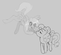 Size: 1280x1158 | Tagged: safe, artist:hallogreen, artist:mew, derpy hooves, pinkie pie, pegasus, pony, g4, blushing, derpypie, explicit source, female, kissing, lesbian, mare, muffin, shipping, sketch, tongue out