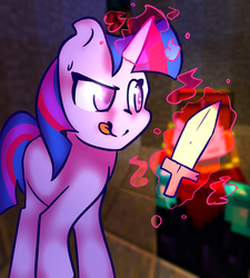 Size: 1800x2000 | Tagged: safe, artist:dippershat, twilight sparkle, pony, unicorn, g4, darkness, female, magic, mc, minecraft, solo, sword, tongue out, unicorn twilight