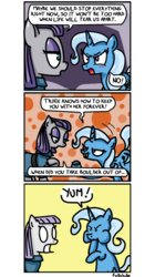 Size: 500x896 | Tagged: safe, artist:foudubulbe, boulder (g4), maud pie, trixie, pony, unicorn, comic:damp rocks, g4, blushing, comic, female, glare, grin, horrified, lesbian, mare, nom, now you fucked up, open mouth, puffy cheeks, ship:mauxie, shipping, shocked, smirk, this will end in death, this will end in tears and/or death, wide eyes, yandere, you dun goofed