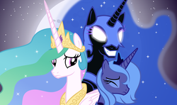 Size: 3214x1900 | Tagged: safe, artist:zacatron94, nightmare moon, princess celestia, princess luna, alicorn, pony, g4, glowing eyes, moon, s1 luna