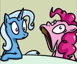 Size: 339x280 | Tagged: safe, artist:foudubulbe, pinkie pie, trixie, pony, comic:damp rocks, g4, cropped, derp, faic, floppy ears, frown, hilarious in hindsight, open mouth, silly, silly pony, spoon, wat, wide eyes, wooden spoon