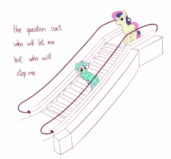 Size: 778x722 | Tagged: safe, artist:mcsadat, color edit, edit, bon bon, lyra heartstrings, sweetie drops, earth pony, pony, unicorn, g4, :o, animated, annoyed, ayn rand, bon bon is not amused, cute, duo, escalator, eyeroll, female, frown, it keeps happening, l.u.l.s., lineart, lyrabetes, mare, on back, open mouth, partial color, rolling, silly, silly pony, simple background, sweet dreams fuel, text, unamused, white background