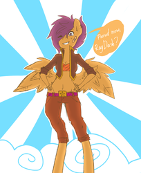 Size: 1280x1569 | Tagged: safe, artist:rikitikitavi-tyan, scootaloo, anthro, g4, dialogue, female, midriff, older, solo