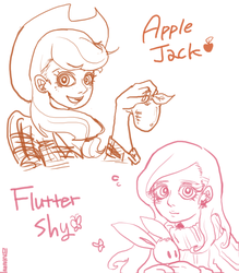 Size: 700x800 | Tagged: safe, artist:mirululu, applejack, fluttershy, human, rabbit, g4, apple, clothes, duo, earring, female, humanized, sweater, sweatershy