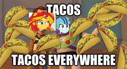 Size: 556x303 | Tagged: safe, sonata dusk, sunset shimmer, equestria girls, g4, my little pony equestria girls: rainbow rocks, 1000 years in photoshop, buzz lightyear, male, meme, sonataco, that girl sure loves tacos, that siren sure does love tacos, toy story, toy story 2, x x everywhere