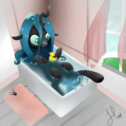 Size: 1024x1024 | Tagged: safe, artist:zombies8mywaffle, queen chrysalis, changeling, changeling queen, g4, bath, cute, cutealis, female, heart, rubber duck, solo, window, younger