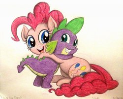 Size: 996x801 | Tagged: safe, artist:thefriendlyelephant, pinkie pie, spike, dragon, earth pony, pony, g4, female, hug, male, ship:pinkiespike, shipping, spikelove, straight, traditional art