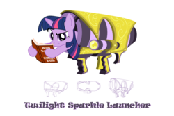 Size: 900x600 | Tagged: safe, artist:flamingo1986, twilight sparkle, pony, unicorn, g4, book, cannon, female, mare, pony cannonball, simple background, solo, transparent background, unicorn twilight, weapon