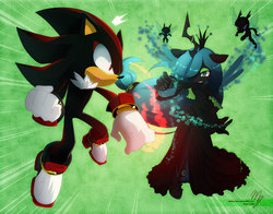 Size: 1010x792 | Tagged: safe, artist:melissa-juice, queen chrysalis, changeling, anthro, g4, crossover, fight, male, shadow the hedgehog, sonic the hedgehog, sonic the hedgehog (series)