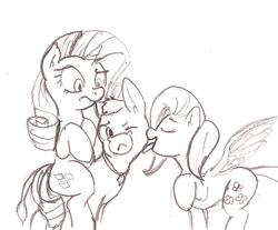 Size: 960x793 | Tagged: safe, artist:i am nude, fluttershy, rarity, oc, donkey, g4, drawthread, female, lesbian, licking, monochrome, pencil drawing, ship:flarity, shipping, traditional art