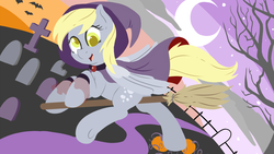 Size: 1920x1080 | Tagged: safe, artist:fearingfun, derpy hooves, pegasus, pony, g4, clothes, costume, cute, derpabetes, female, halloween, mare, solo, wallpaper, witch