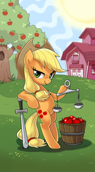 Size: 300x540 | Tagged: safe, artist:bartolomeus_, applejack, earth pony, pony, g4, apple, barn, female, freckles, grass, hat, justice, justitia, lady justice (goddess), mare, scales, scales of justice, sky, smiling, solo, sun, sword, tarot card, tree